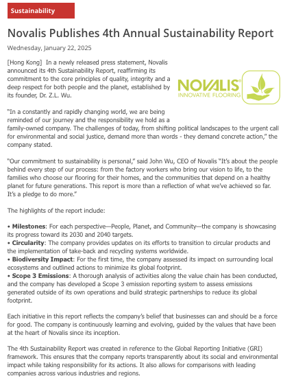 Floor covering news. Novalis released new sustainability report. 